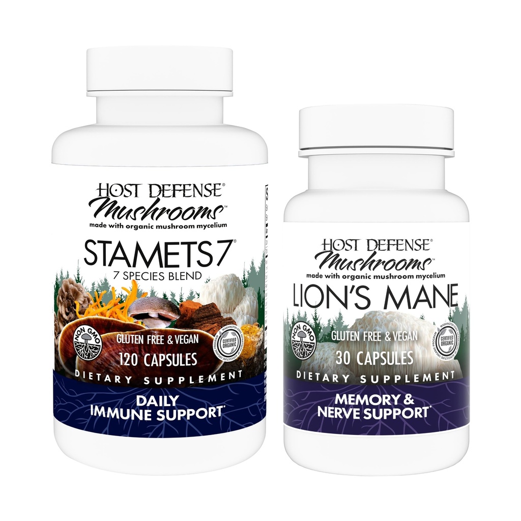 Host Defense Bundle con Stamets 7, 120 Count & Lion's Mane Capsules, 30 Count - Support Immune Health & Function - Support Brain Health, Memory & Focus*