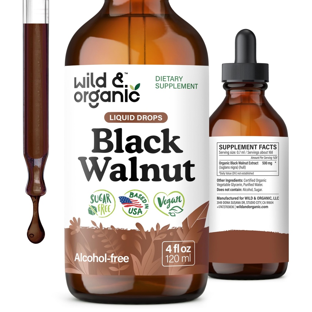 Wild & Organic Black Walnut Tincture - Detox Cleanse w/Black Walnut Hull Extract - Integratore di erbe per Detox Gut Cleanse e Benessere Digestivo - Vegan, Sugar & Alcohol-Free - 4 fl oz