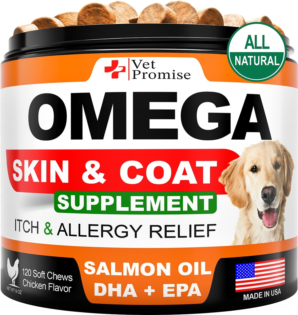 Omega 3 per cani - Integratore di pelle e cappotto - Olio di pesce per cani Chews - Allergy e Itch Relief - Anti Shedding Supplement - Trattamento della pelle secca - Olio di salmone - Made in USA - 120 Soft Treats