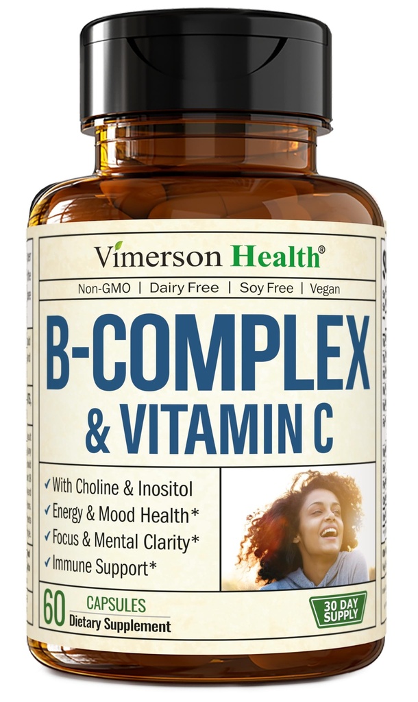 Vitamina B Complesso con VIT C & Acido Folico (Folato) - 8 Alta Potenza B Vitamine: B1, B2, B3, B5, B6, B7, Vitamina B12 + Biotina, Cholina & Inositolo. Aids Mood, Energy, Nervous System & Immune Support