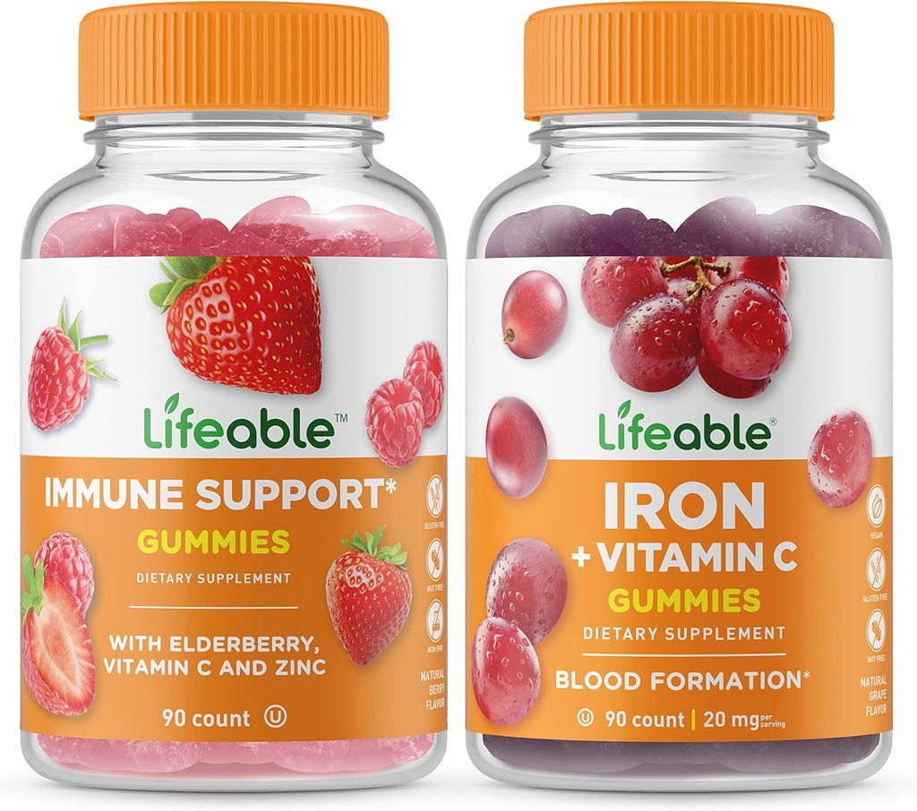 Supporto Immune Lifeable + Ferro con Vitamina C, Gummies Bundle - Grande Degustazione, Supplemento alla vitamina, Senza glutine, OGM Free, Masticabile