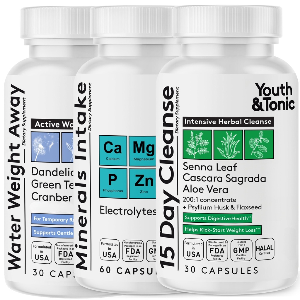 Youth & Tonic Water Weight Away e 15 giorni Cleanse Bundle, imballato con elettroliti replenish per sostenere l'idratazione mentre si utilizza diuretici