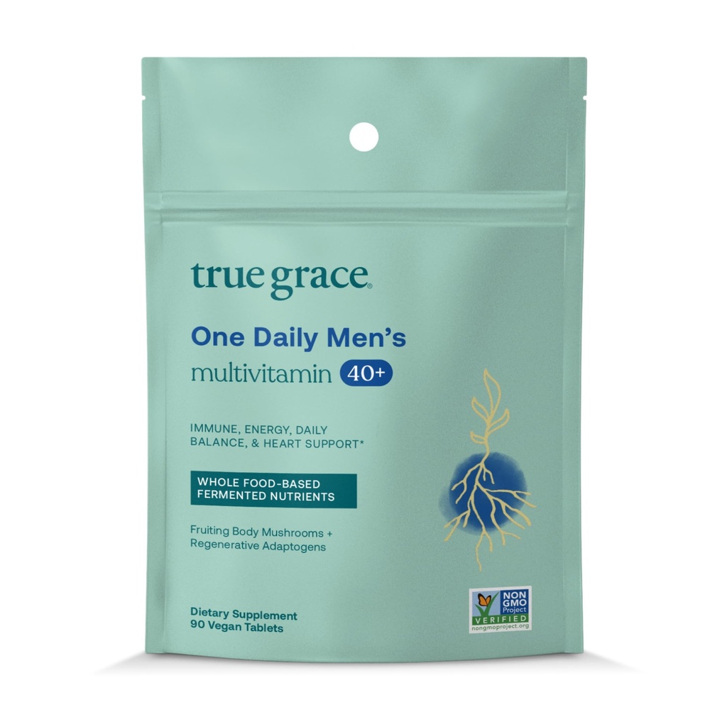 True Grace Men's 40+ One Daily Multivitamin Fermented Minerals, Organic Adaptogens & Mushrooms Whole Body Balance Immune, Endurance, Bone & Heart Support Supplement - Non-GMO - 90 compresse vegetariane