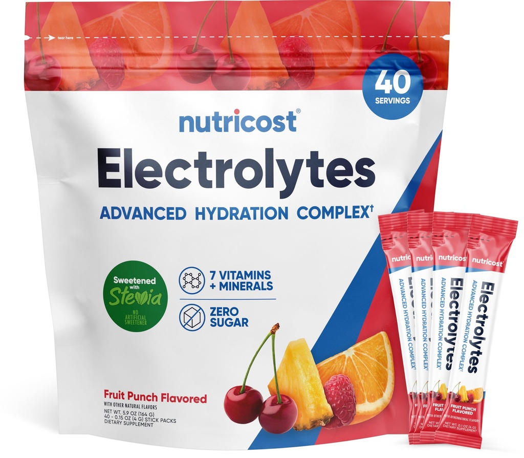 Nutricost Electrolytes Complex, Fruit Punch aromaed, 40 Stickpacks - Advanced Hydration Complex