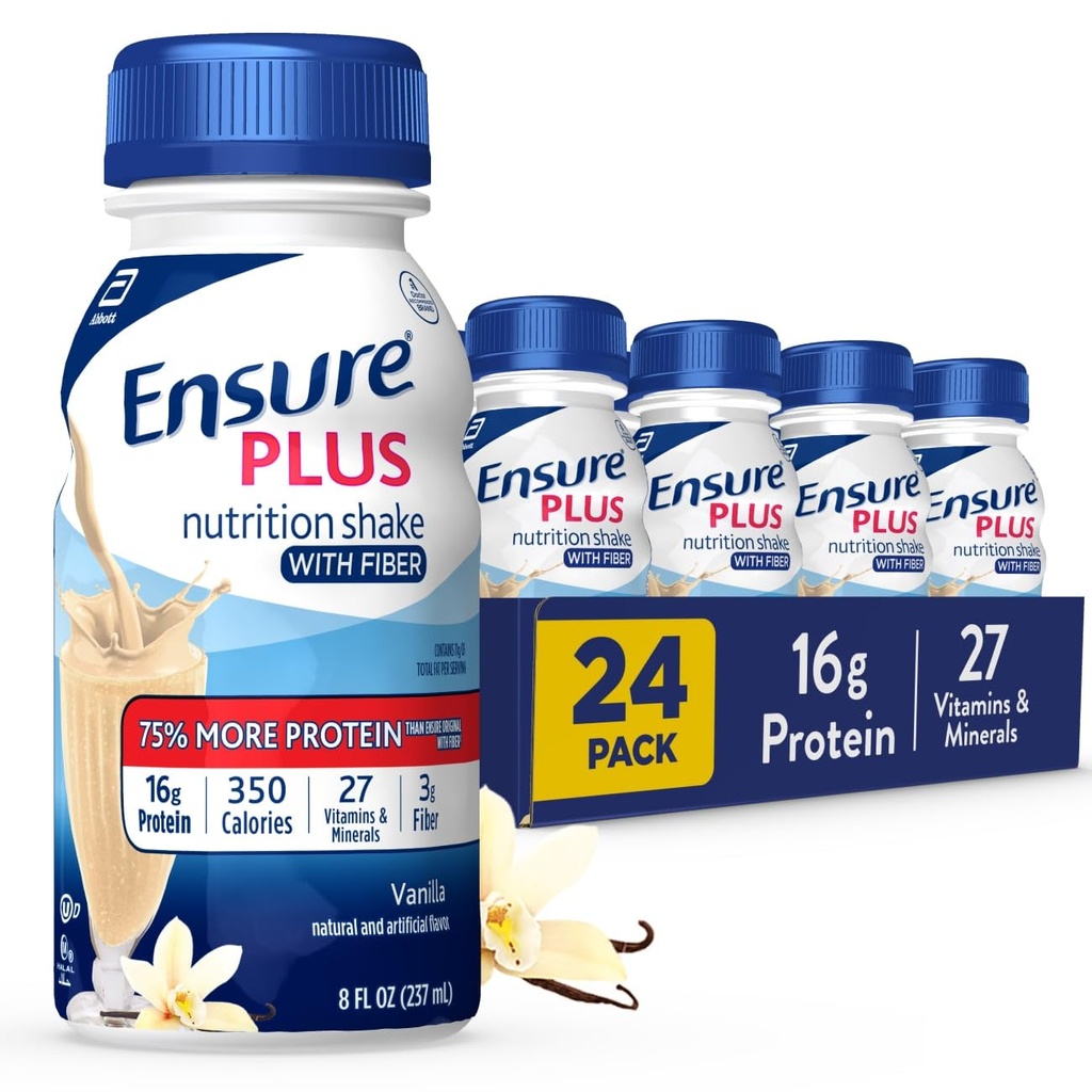 Assicurare Plus Vanilla Nutrition Shake con Fiber | Meal Sostituzione Shake | Pronto a Bere | 16g Protein e 27 Vitamine e Minerali | 8 fl oz - 24 Pack