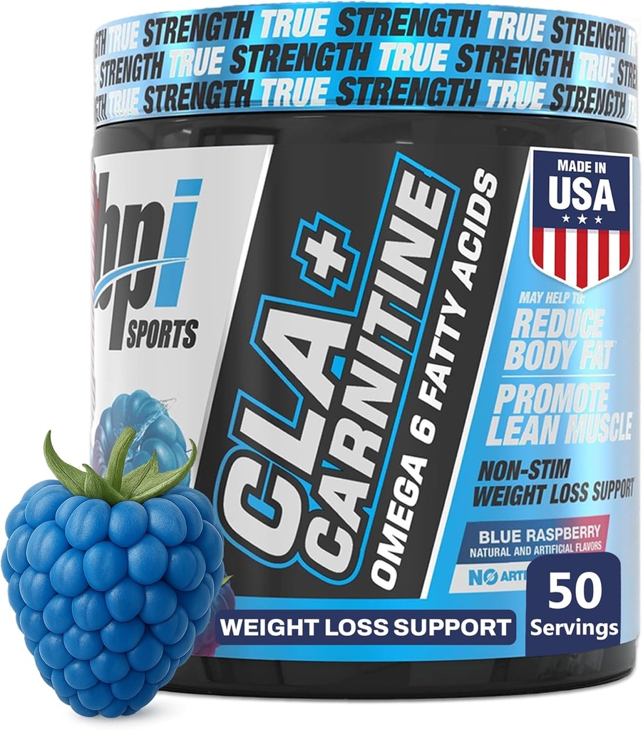 BPI Sports CLA+Carnitina – CLA L Carnitina & Linoleic Acid – L Carnitina Supplemento per la perdita di peso, Metabolismo & Magra muscolare – Caffeina Free – Blue Raspberry – 50 Serve – 12.34 oz