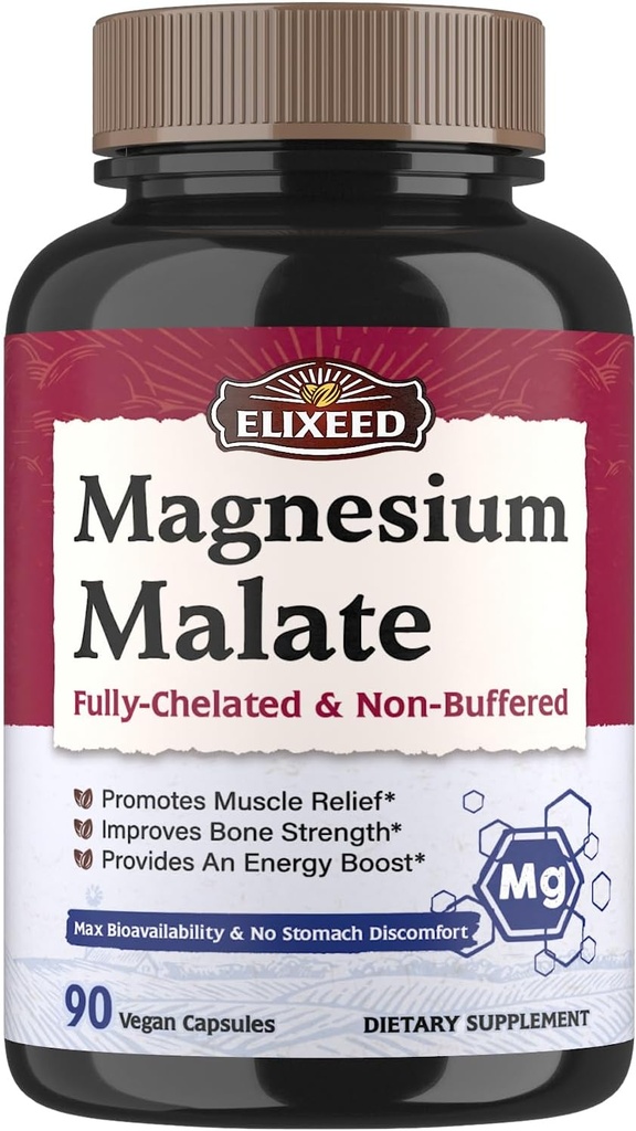 Magnesio Malato Capsule, Integratori di Magnesio, Chelati, Alta Assorbimento & Biodisponibilità, Minerale per Uomini, Donne & Bambini, Produzione Energetica & Recupero Muscolare, 90 Caps Vegan