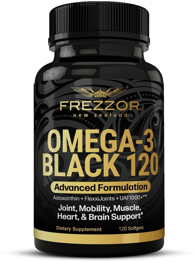 FREZZOR Omega 3 Nero - Green Lipped Mussel olio capsule, Made in Nuova Zelanda, UAF1000+, No Fishy Aftertaste, 120 Conte (Pack of 1)