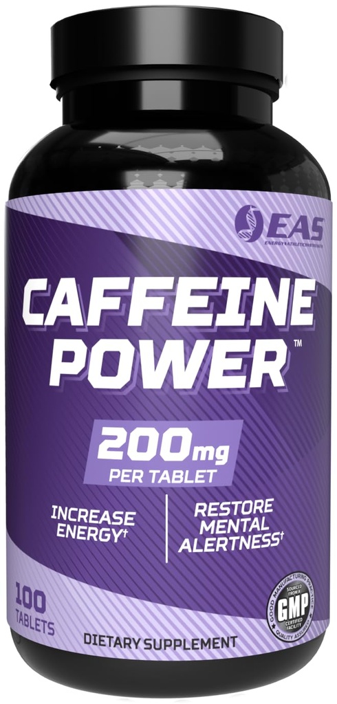 EAS Caffeine Power 200mg | Pillole di caffeina Supplemento | Aumentare l'energia &amp; Ripristino Alertness mentale | Gluten Free, Non OGM, Per vegetariani | 100 compresse