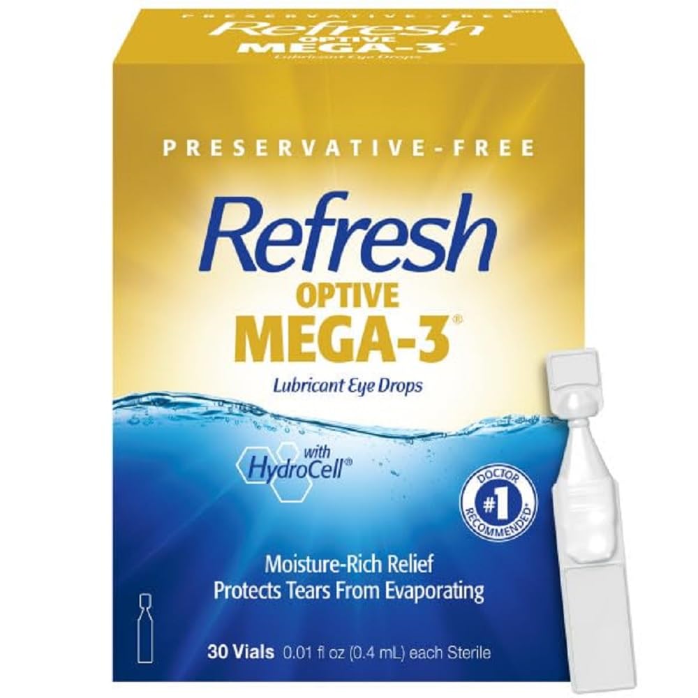 Refresh Optive MEGA-3 Lubricant Eye Drops Preservative-Free Tears Artificial, 0.01 fl oz (0.4 mL), 30 Contenitori monouso
