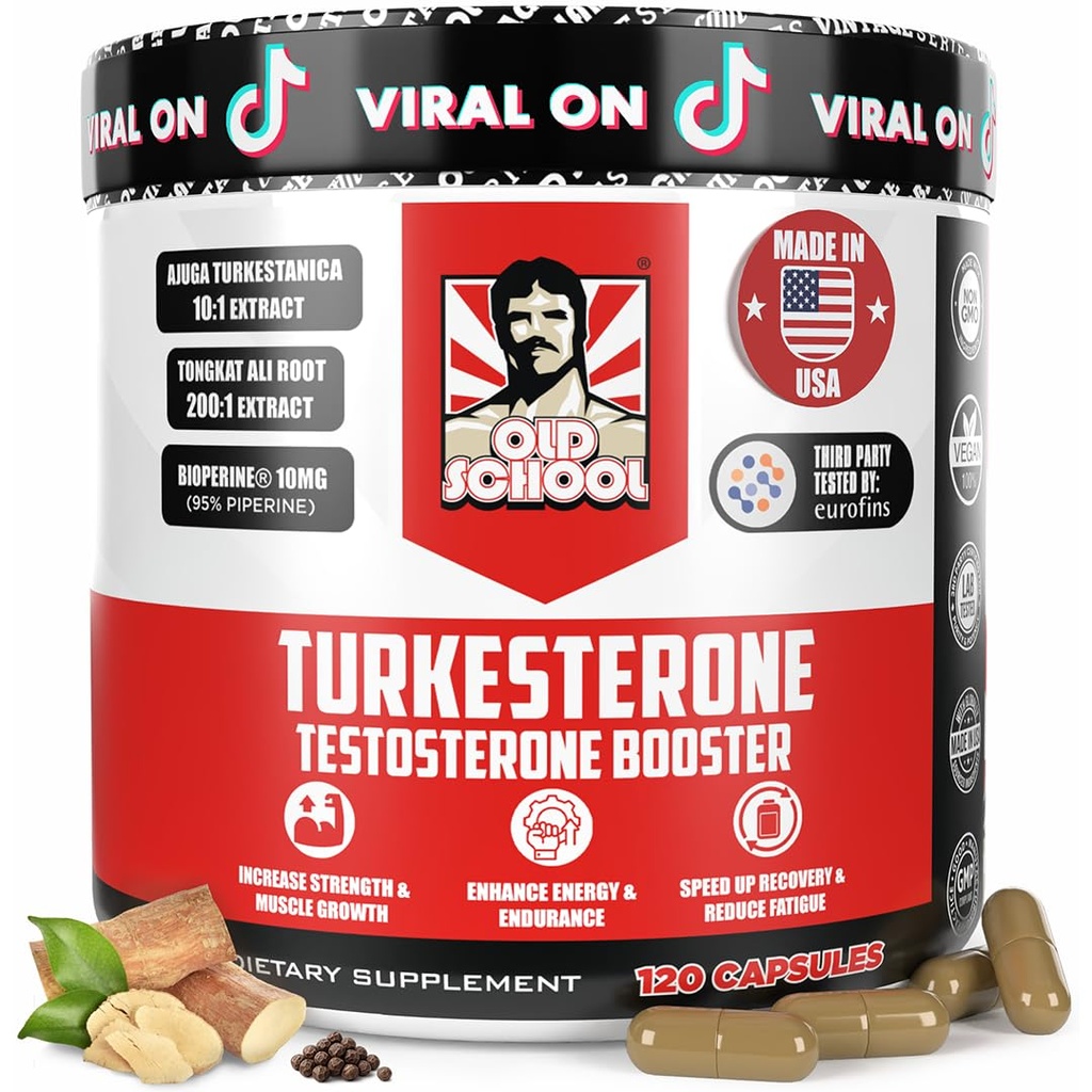 Old School Labs Testosterone Supplemento per gli uomini – Max Potency Tongkat Ali con BioPerine® per Max Absorption, Supporta il muscolo, Forza, Recupero, Drive & Stamina – Turkesterone, 120 capsule