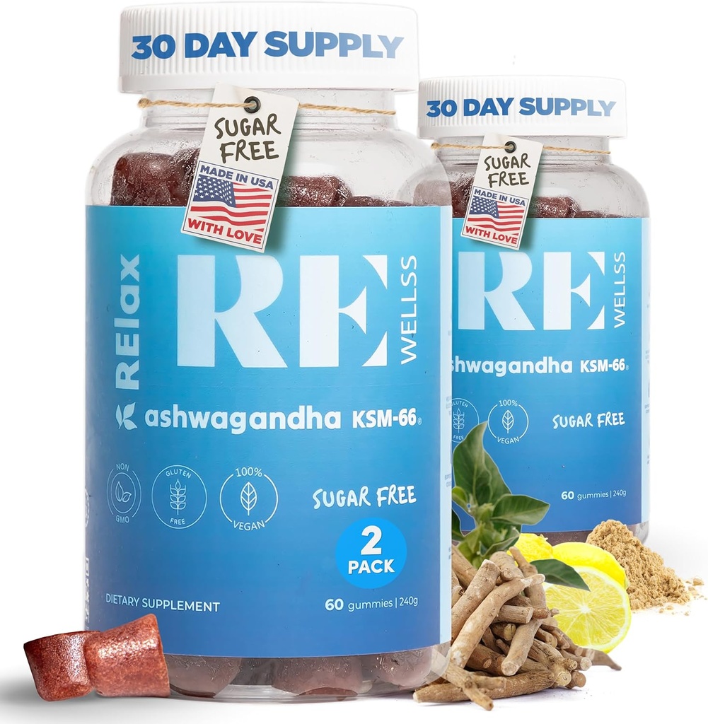 Ashwagandha & Vitamina D Gummies | Integratori Dietetici | KSM 66 Ashwagandha per Supporto Stress 300mg | L-teanina Lemon Balm | Natural Herbal Non-GMO Sugar Free Gluten & Gelatin Free | 2 Pack