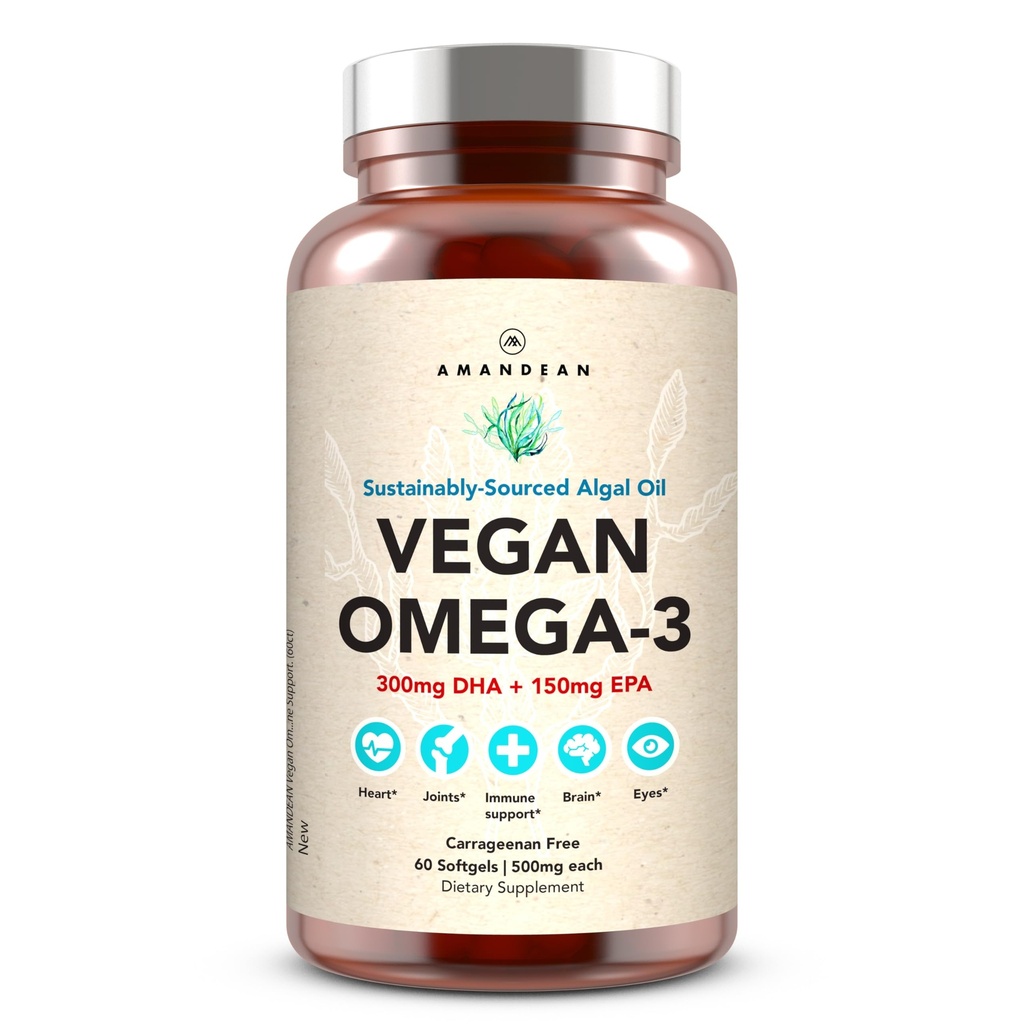 AMANDEAN Vegan Omega 3 supplemento. Premium Fish Oil Alternative. Algae DHA & EPA. Carrageenan Free Softgels. Acidi grassi essenziali algal. Cuore a base di piante, cervello, occhio, pelle, supporto immunitario. (60ct)