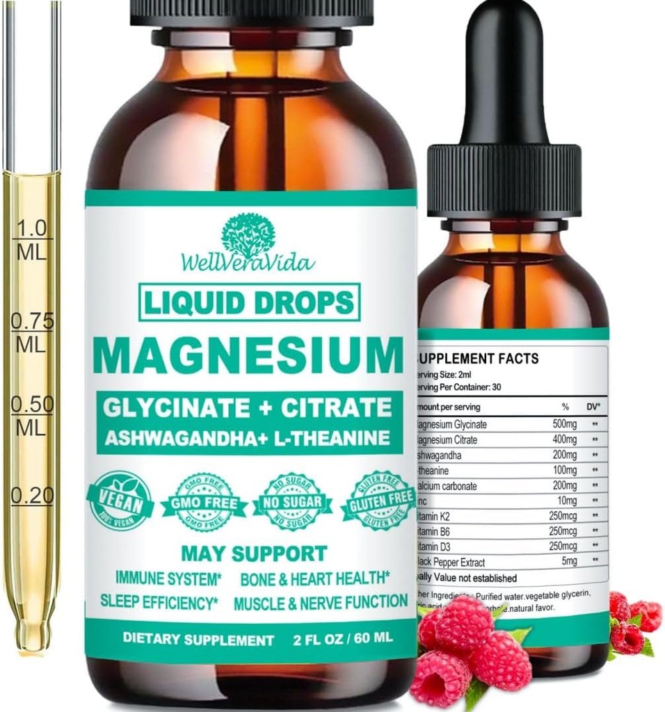 Magnesio Glycinate 500mg, Magnesio calmo Glycinate, Citrato con vitamina D3 K2 B6 Ashwagandha, L-teanina, Chelate Magnesium Complex Supplemento Gocce liquide per sonno immunitario Bone Mood Nerve Salute