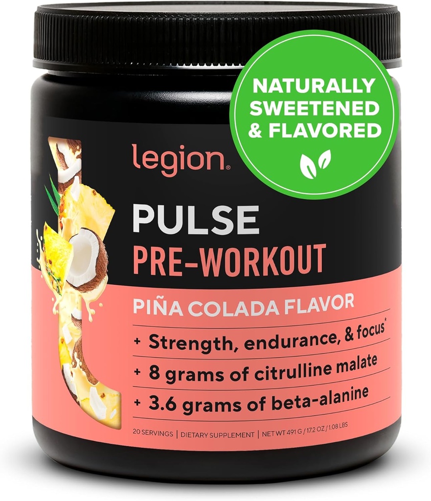 LEGION Pulse Pre Workout - Tutto naturale Nitric Oxide Preworkout Drink per aumentare l'energia, Creatina Libero, naturalmente addolcito, Beta Alanine, Citrulline, Alpha GPC (Pina Colada)