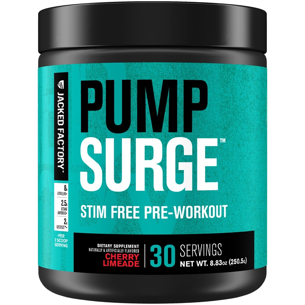 Jacked Factory Pumpsurge Caffeine Free Pre Workout per uomini e donne - Nootropic Booster & Stim Free Pre Workout - Pompe intenzionali, Focus potenziato - 30 Serve, Cherry Limeade