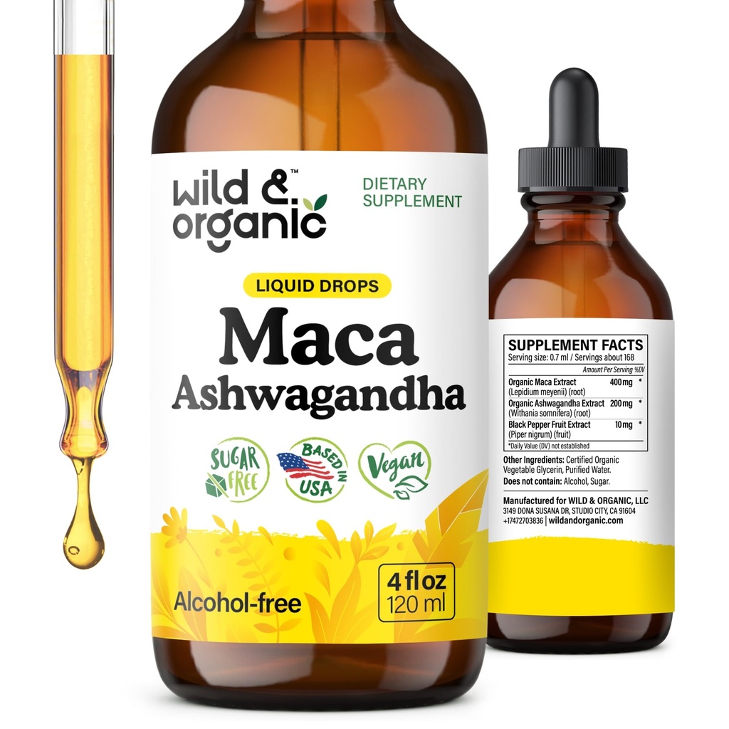 Wild & Organic Maca Root Ashwagandha Gocce per uomini e donne - Liquido Maca Ashwagandha Supplemento per il supporto generale - Peruvian Extract Tincture - Vegan, Sugar & Alcohol-Free - 4 fl oz
