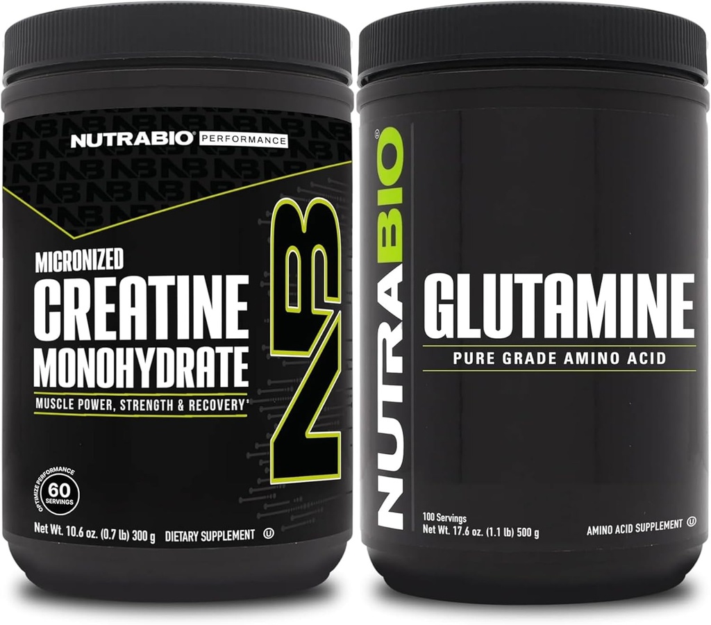 NutraBio Creatina Monoidrato Supplemento, non aromatizzato, (300g) e L-Glutamina Polvere, (500g) – Integratore di allenamento Bundles Supporta l'energia muscolare, il recupero e la resistenza