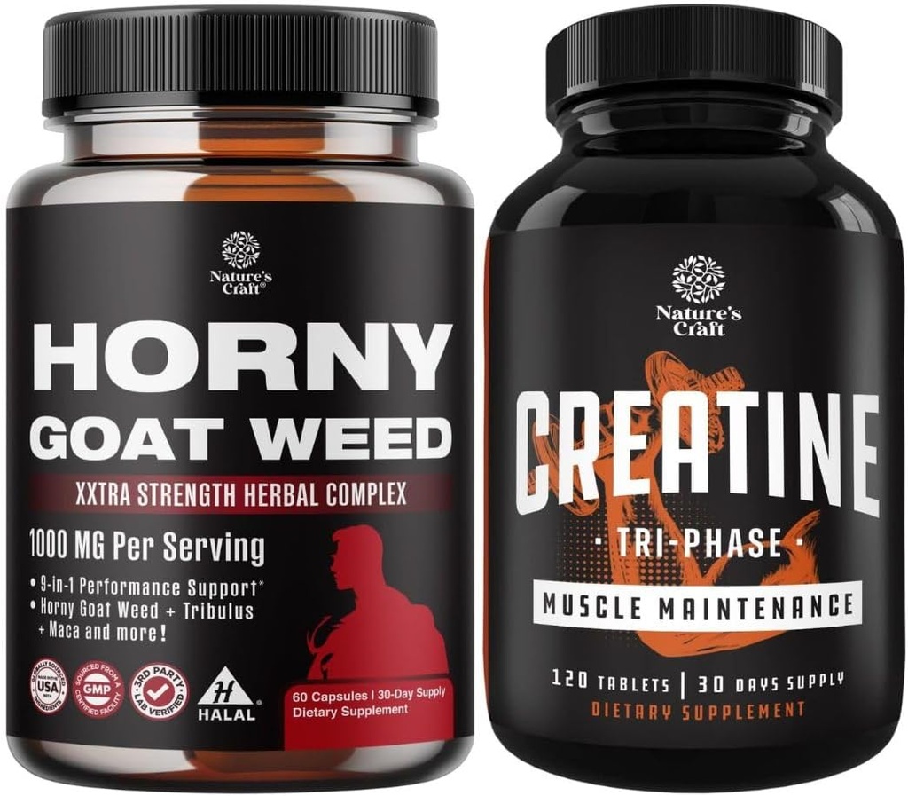Bundle of Horny Goat Weed Extract Complex per gli uomini e le donne potenziato energia e Stamina e ad alta resistenza Tri Phase Creatine Pills - Optimal Muscle Builder Creatina Supplemento per gli uomini e le donne