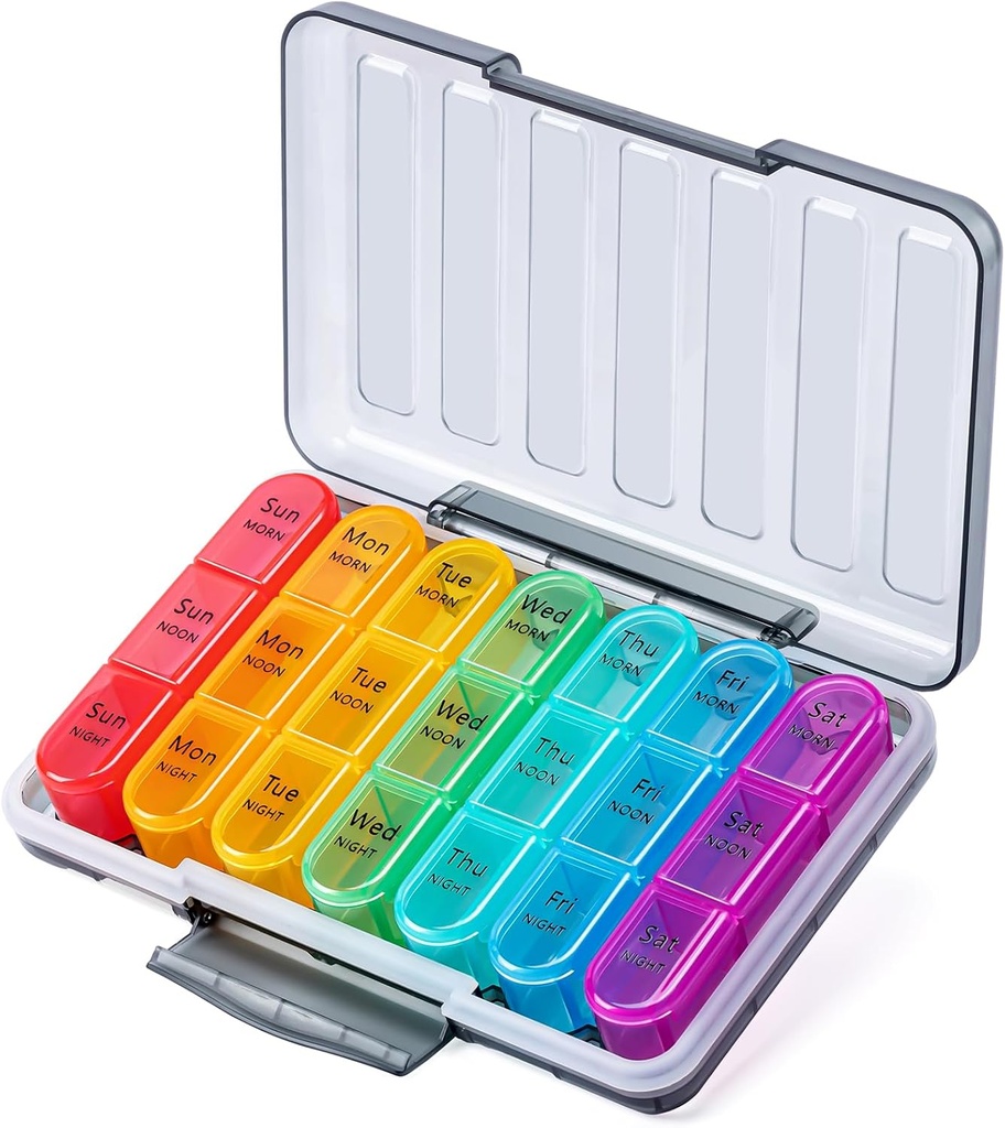 Odaro Pill Organizer 3 volte al giorno - Portable Weekly Medicine Box con 7 contenitori separati, Travel 7 Day Pill Box, Nero