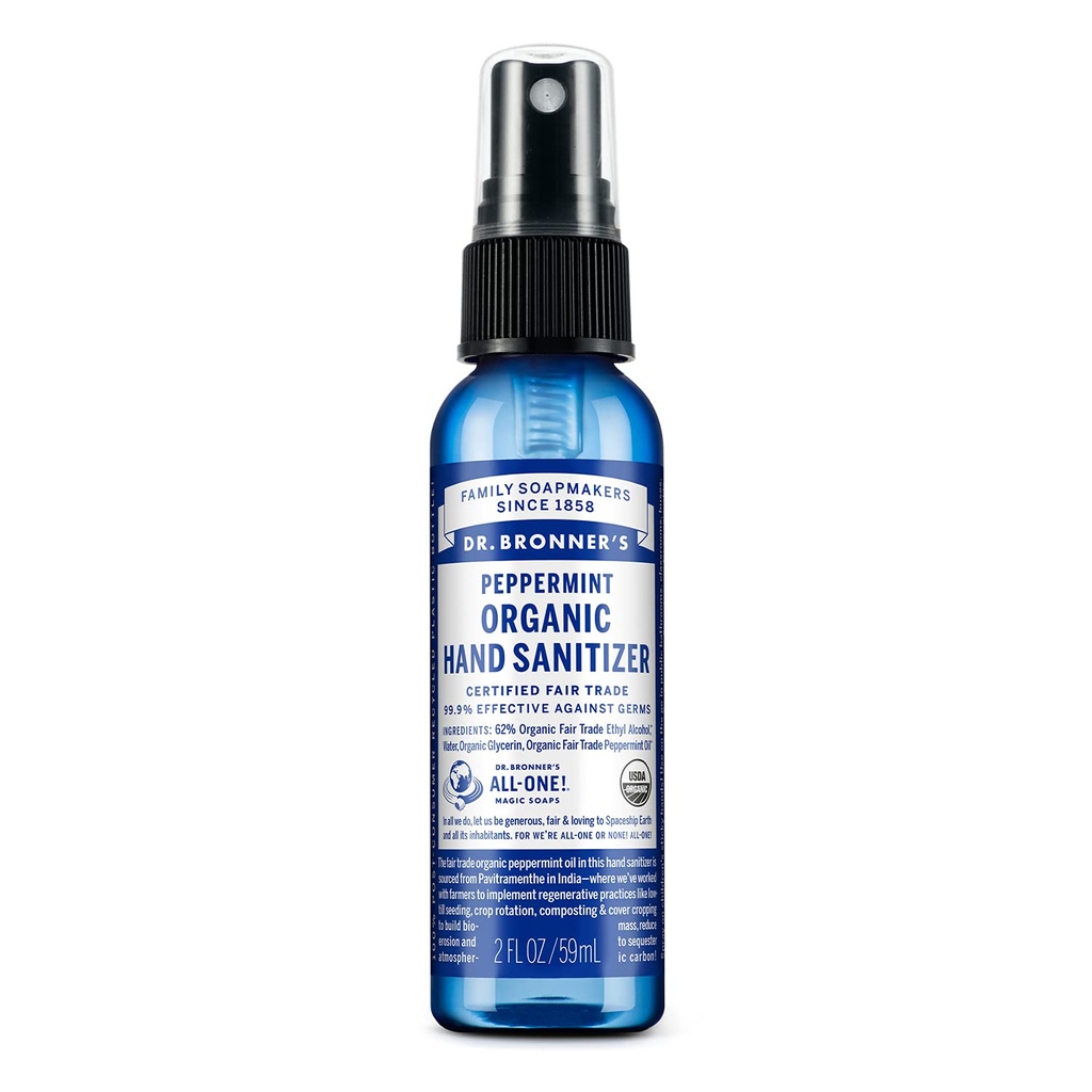 Dr. Bronner's - Organic Hand Sanitizer Spray (Peppermint, 2 oncia) - Formula semplice ed efficace, Cleanses & Sanitizes, No Harsh Chemicals, Moisturizes and Cleans Hands