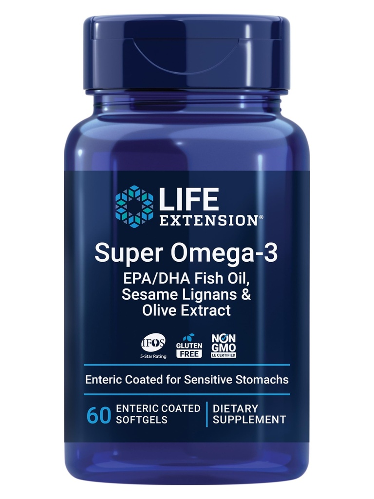 Estensione della vita Super Omega-3 EPA/DHA Fish Oil, sesamo Lignans & Olive Extract – Salute del cuore, Salute del cervello, Inflammation Health Support, Gluten-Free, Enteric-Coated, Non-GMO, 60 Softgels