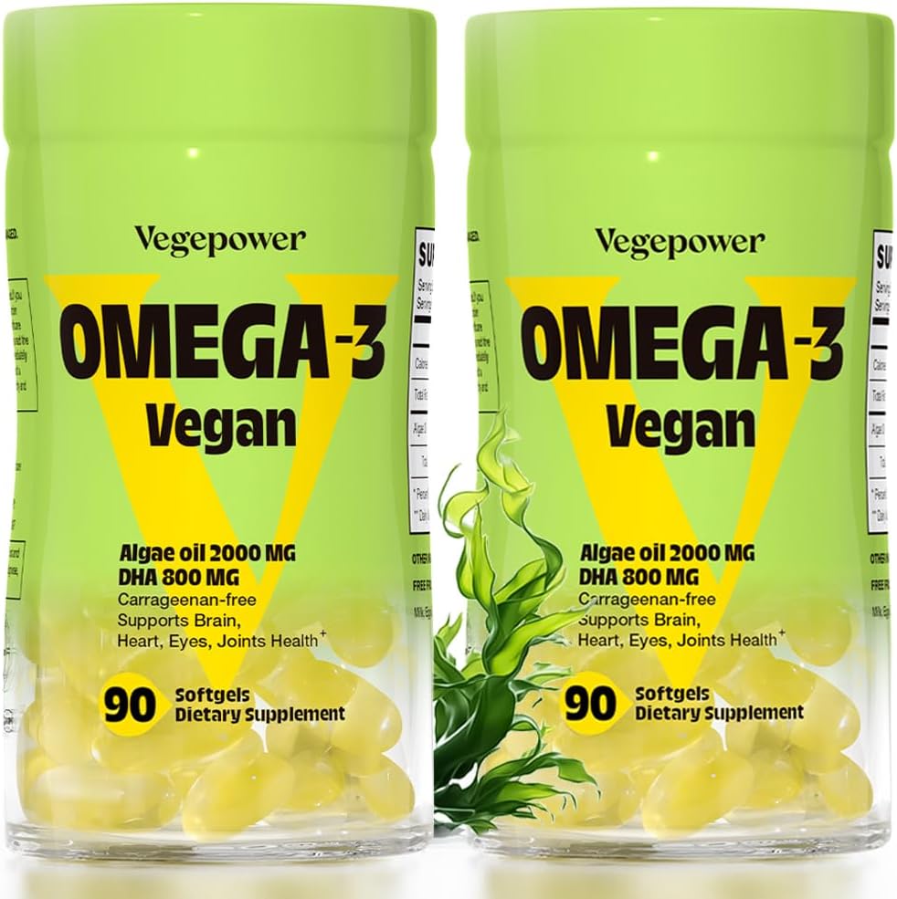 Vegan Omega-3 DHA Integratori - Olio di pesce Premium alternativa da olio di alghe | 90 Carrageenan Free Softgels | Acidi grassi essenziali basati su piante DHA DHA, Non-GMO (Algae, 90 Conte (Pacchetto di 2))
