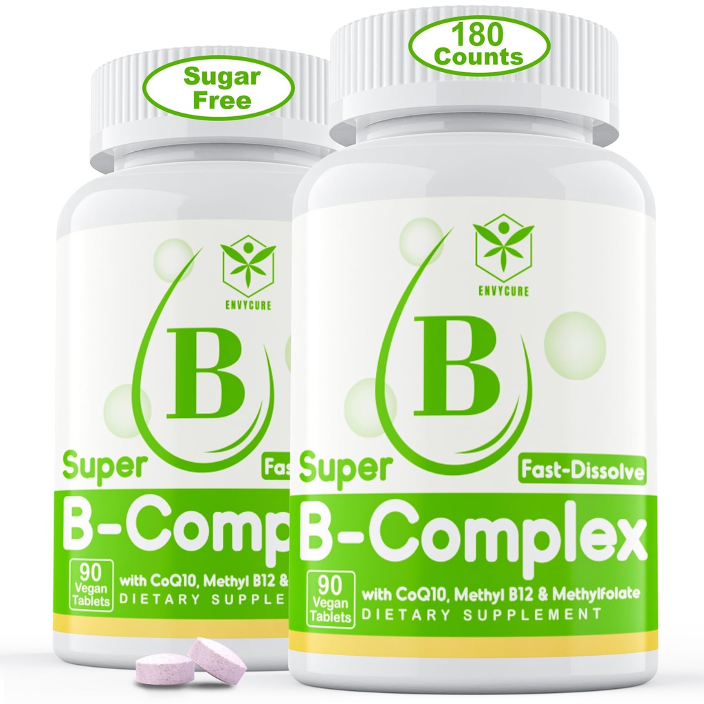 Complesso di vitamina B senza zucchero con Methyl B12, MethylFolate, B6, B1, B2, B3, Dissolvere altamente biodisponibile B Complex Supplemento per livelli di energia, Sistema neurale, Vegan,180 compresse