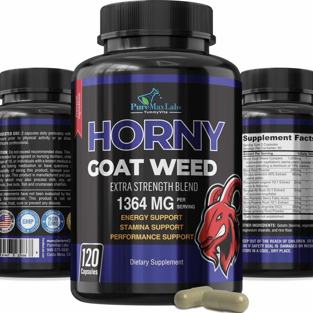 Horny Goat Weed Extra Strength -120 Capsule w. Maca, L-Arginina, Ginseng - Boost Desire, Performance, Stamina, Energy, Non OGM Formula, 120 Capsule
