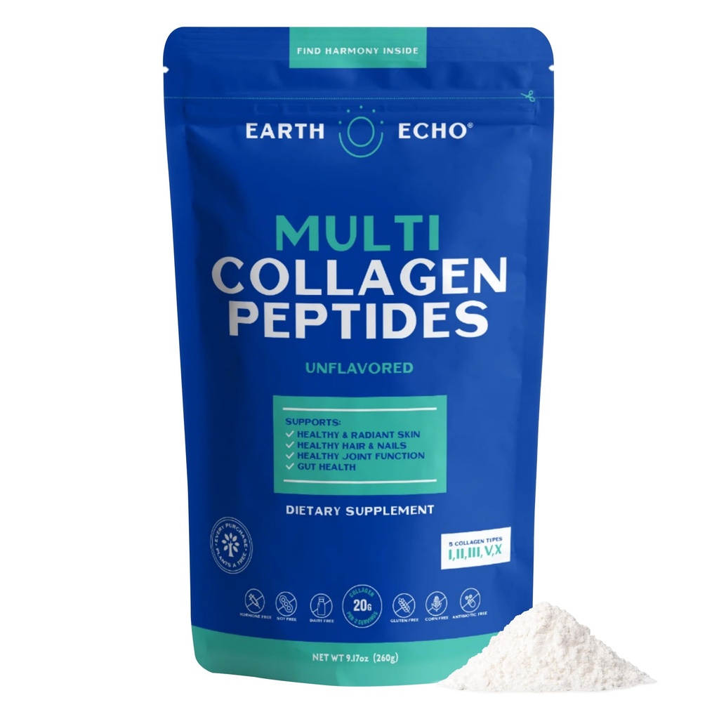 Peptidi multi collagene dell'eco della terra, collagene idrolizzato con vitamina C e acido ialuronico, supporta la pelle radiante, articolazioni sane, salute del fegato e funzione immunitaria, Dairy-Free, 26 Serve