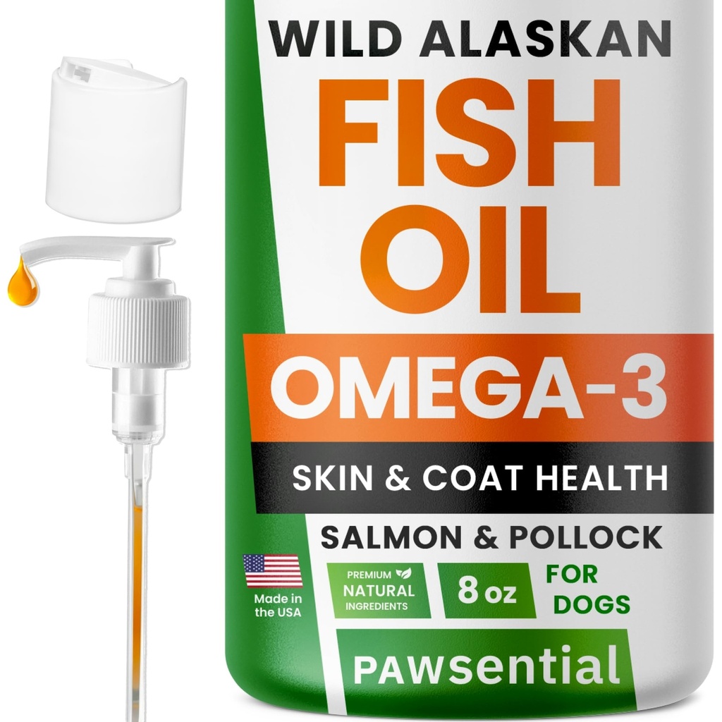 Olio di pesce Omega 3 per cani e gatti - fatto con olio di salmone dell'Alaska selvatica; supplemento di olio di pesce liquido per gli animali con acidi grassi Omega 3 EPA+DHA; ingredienti reali, gusto reale — fiducioso da Vets!