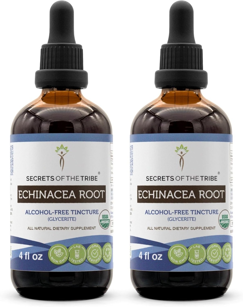 Echinacea Root USDA Organic Tincture | Alcohol-Free Extract, High-Potency Herbal Drops, Immune System Health | Realizzato in 100% certificata Organic Echinacea Root (Echinacea Purpurea) 2x4 oz