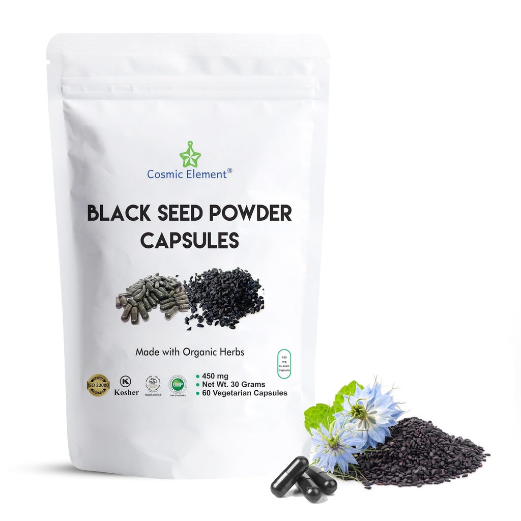 Cosmic Element 100% Pure Black Seed Powder Capsule Organic - Vegan Nigella Sativa 450mg Black Cumin Seeds per Serving- for Health - 60 Capsule