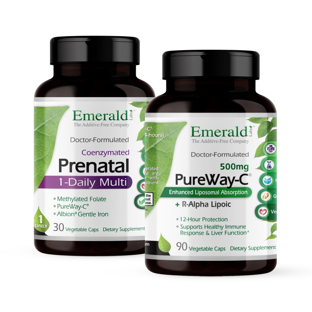 Emerald Labs Bundle con Prenatal 1-Daily Multi (60 Veg Caps) & PureWay-C (90 Veg Caps) - Multivitamina Prenatale con Folato Metilato, Ferro e Altro* - Vitamina C Supplemento con acido lipoico R-Alpha*