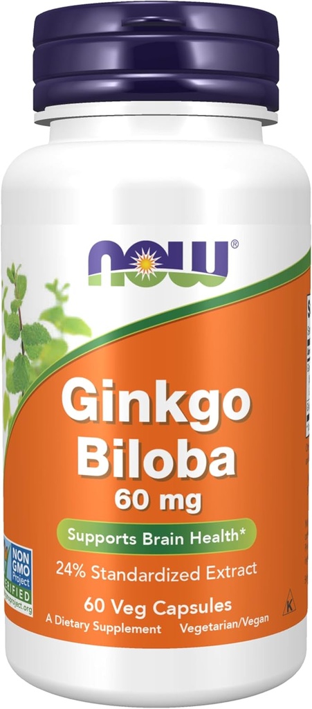 NOW Integratori alimentari, Ginkgo Biloba 60 mg, 24% Estratto standardizzato, Progetto non OGM verificato, 60 capsule di Veg