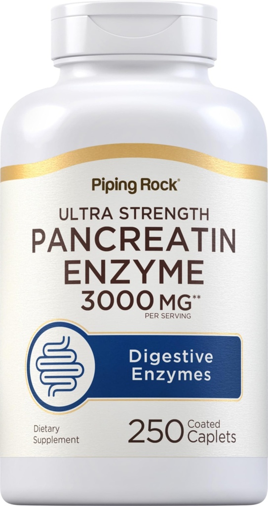 Piping Rock Pancreatin Digestive Enzymes | 3000mg | 250 Caplets | Ultra Strength | Non OGM, Gluten Free Supplement