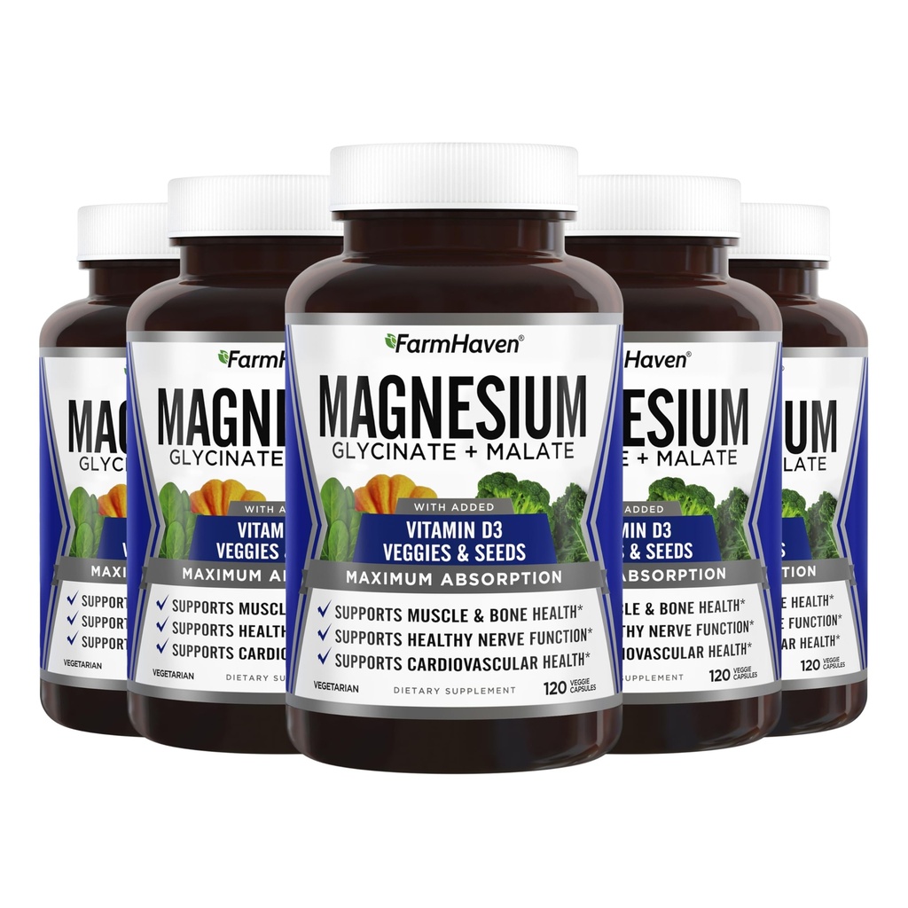 FarmHaven Magnesium Glycinate & Malate Complex w/ Vitamina D3, 100% Chelated for Max Absorption, Vegan – Bone Salute, Nervi, Muscoli, 600 capsule, 300 giorni