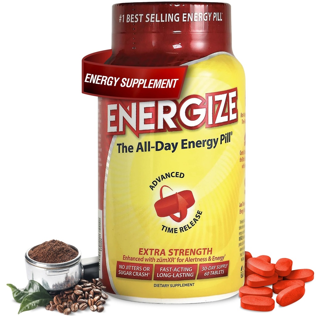 Energizzare Pillole di caffeina ad alta resistenza, Pillola di energia a lunga durata ad azione rapida con Caffeina a rilascio prolungato di tempo, Supporto di Clarity & Energy per uomini e donne, No Jitters, No Crash (60 compresse)