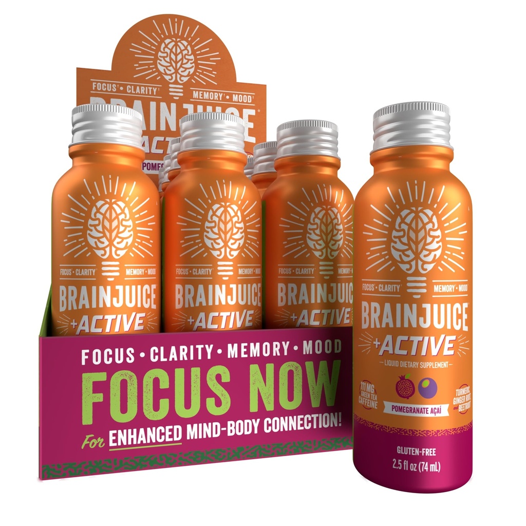 BrainJuice Active Focus & Energy Drink Shots, Supporta Endurance, Recovery & Clarity, Non-GMO, Gluten Free, Nootropics, Alpha GPC, B Vitamins & Organic Green Tea, Pomegranate Acai, 2.5 fl oz, 12 Pack