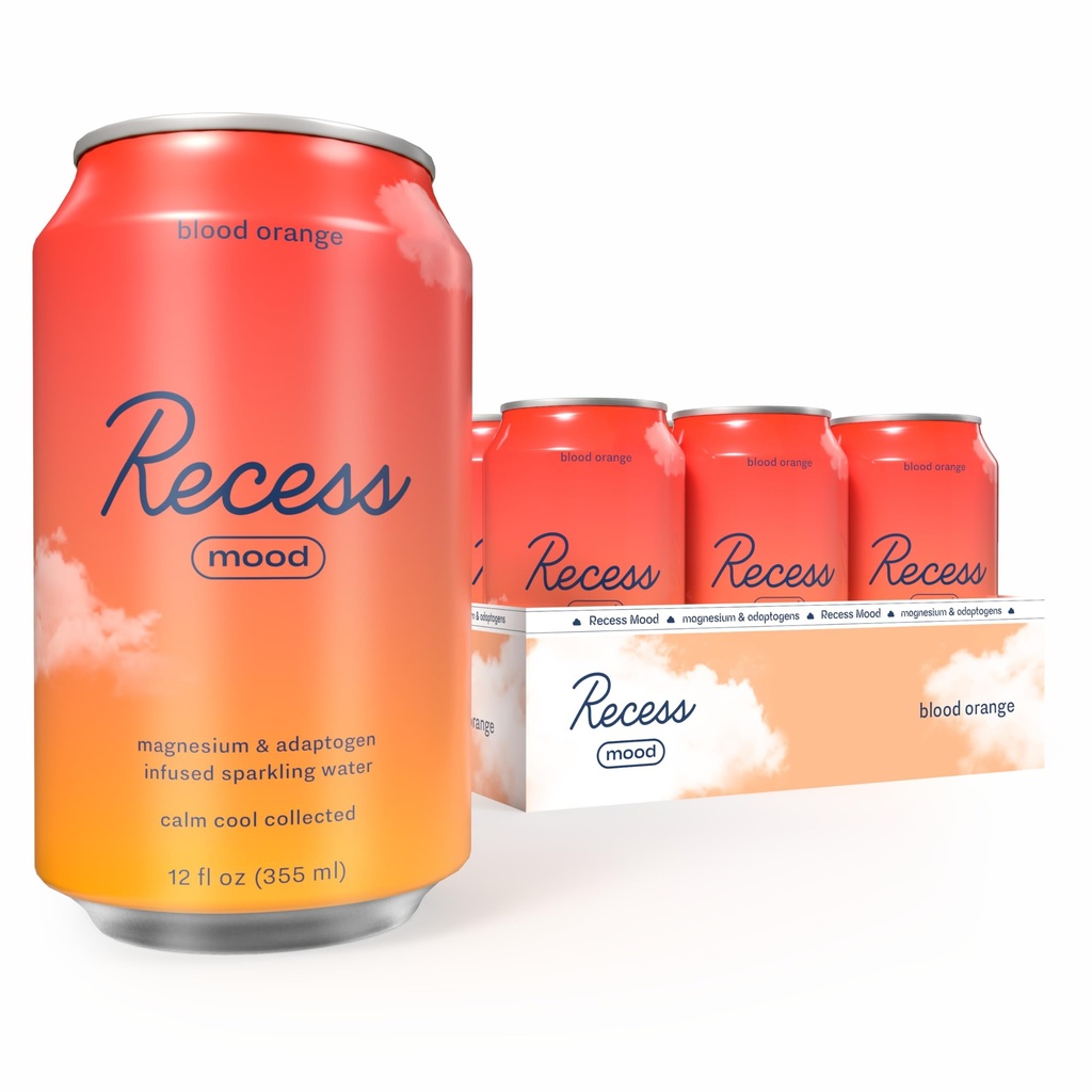 Recess Mood Magnesium & Adaptogen Drink, Relax Bevanda, 12 once (Blood Orange, 12 pack)