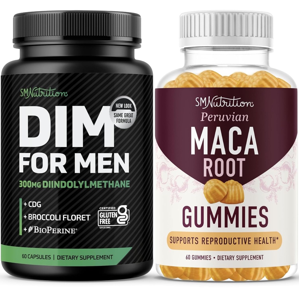 SMNutrition Maca Root Gummies & 300mg DIM Supplemento per gli uomini per il supporto di testosterone e prestazioni | Invigorating Maca Gummies Complex (30 Serve) con DIM Complex per gli uomini (60 Serve)