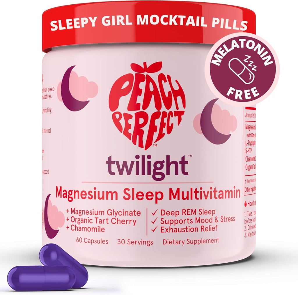 Peach Perfect Twilight Magnesio Glycinate Sonno Multivitamin Magnesio Supplemento con Ciliegia Organic Tart, Camomilla, 5-HTP, L-Tryptophan, Natural Sleepy Girl Mocktail, 60 Capsule, 30 Serve