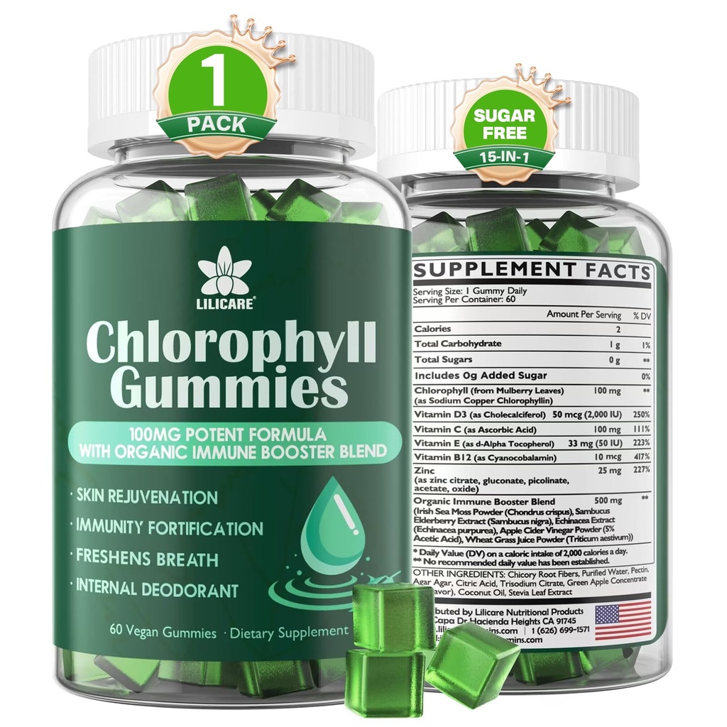 Gummie di clorofilla - Super Green con erba di grano, Moss di mare, non filtrato ACV & Elderberry, Echinacea, Zinc Complex & Vitamin D3, C, E, B12 per Deodorante naturale, Immune & Digestion Support, 60 Chews