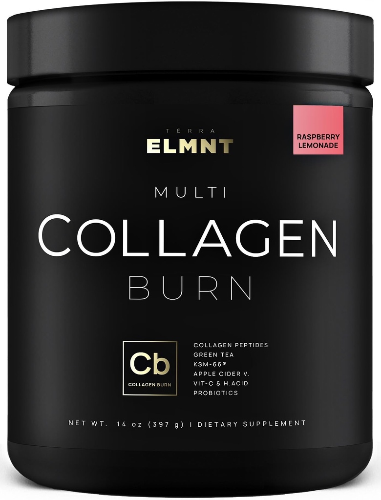 ELMNT Super Collagen Burn for Women w. Probiotici, Acido Ialuronico, Aceto di Apple C, KSM66, Biotin+ Premium Colageno Multi Collagen Protein Powder for Weight Loss, Fat Burner, Hair, Skin+ (R-Lemonade)
