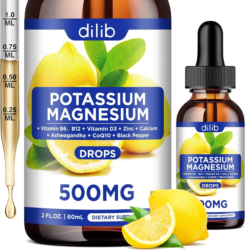 Supplemento di citrato di magnesio di potassio, gocce di citrato di magnesio liquido 500mg con Ashwagandha, calcio, zinco, vitamina D3, B6, B12, CoQ10 - Vegan 2 fl oz Limone Flavor
