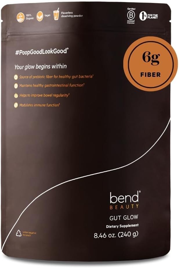 Bend Beauty Gut Glow | Daily Prebiotic Fiber Supplement Powder w/Tremella Mushroom Exract | Digestive Gut Health | 6g di fibra solubile per porzione | 100% organico, vegano, zucchero filato libero | non aromatizzato