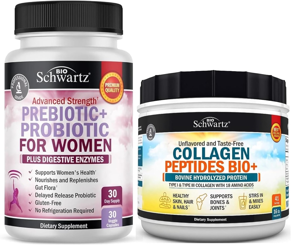 Polvere di peptidi di collagene idrolizzato BioSchwartz (40+ Serve) Plus Prebiotici e Probiotici con enzimi digestivi per le donne (1 Mese di Alimentazione)