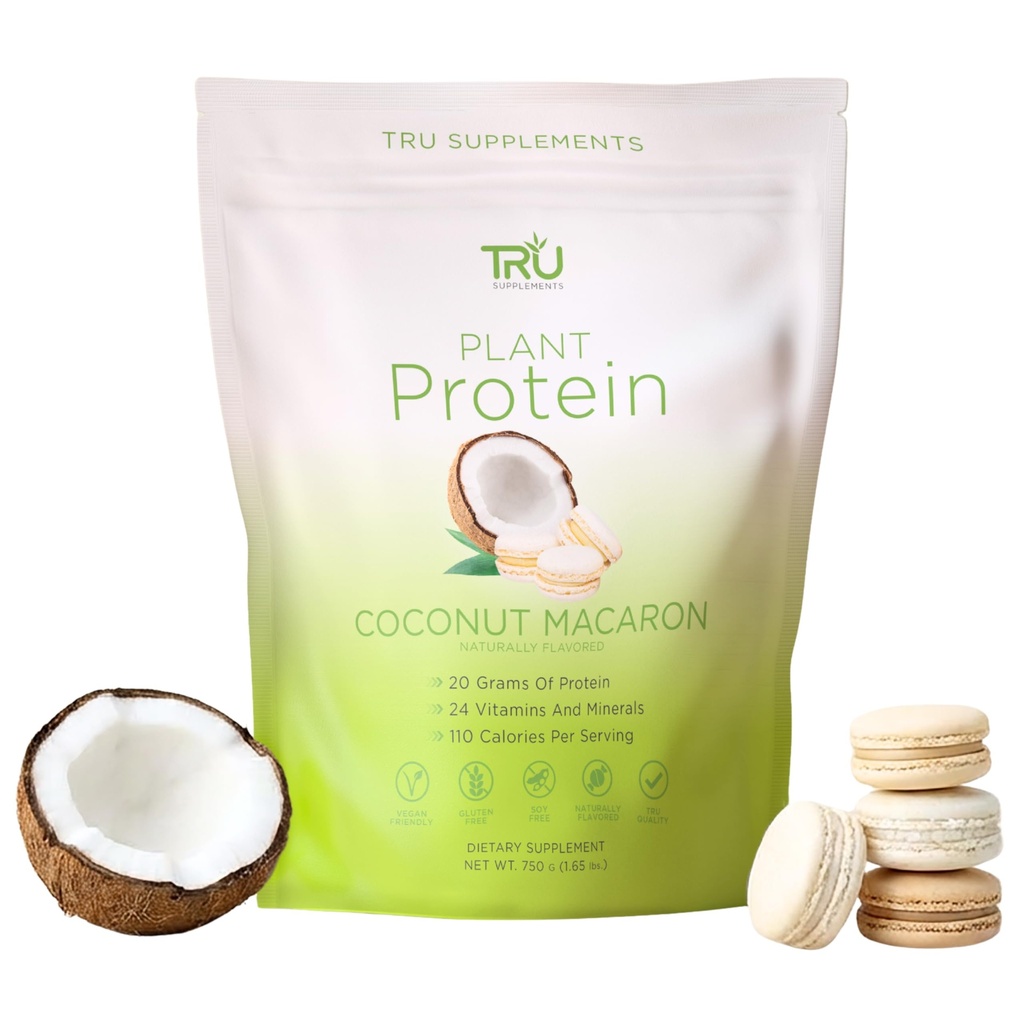 TRU integra la polvere proteica basata sulle piante, BCAA, EAA, 20g Vegan Brown Rice & Pea Protein, 100 Calorie, 27 Vitamine, Nessun aroma artificiale 25 Serve (Coconut Macaron)