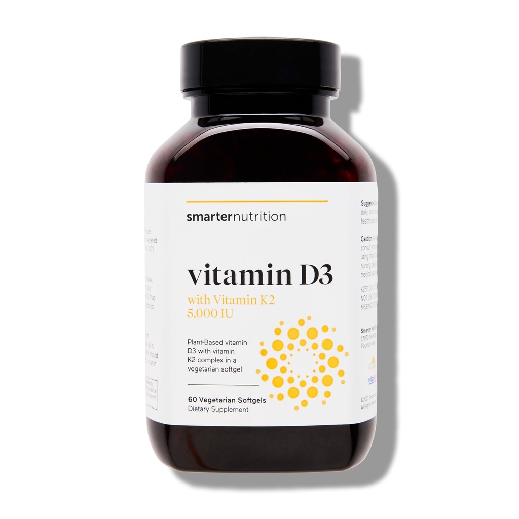 SMARTERNUTRITION Vegan Vitamin D3 5000 IU + Vitamina Naturale K2 1100 mcg in Cocco Biologico & Olio di Oliva - D3 K2 Supplemento per Immune & Bone Support - 60 Softgels[30 Day Supply]