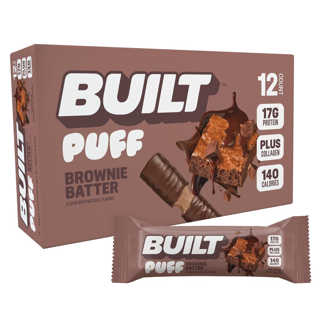 Bar costruito, barre di proteine di Puff, Brownie Batter Puff, 17g snack proteici, barre on-the-Go, solo 140 calorie, 6g zucchero, collagene, senza glutine, 12 conte